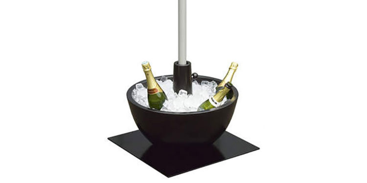 coupe parasol base, filled with ice and bottles of champagne