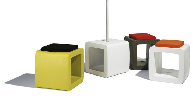 cube parasol base in various colours, with cushions in various colours